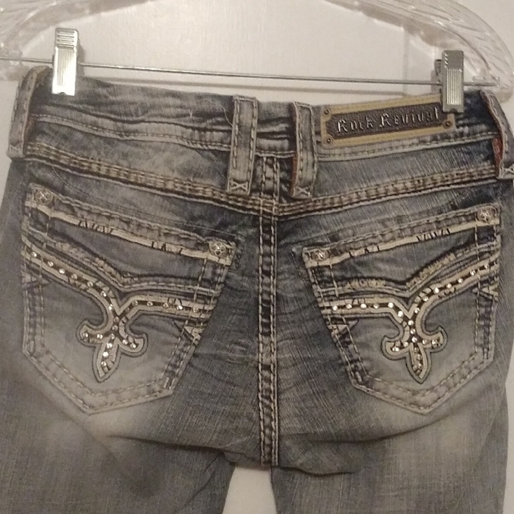 Rock Revival Blue Boot Cut Jeans with Decorative Stitching
